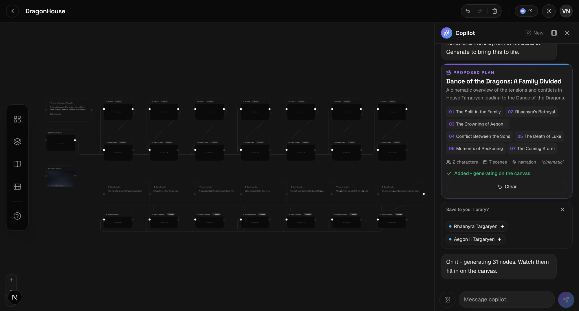 A real FableML project: wired shot nodes on the infinite canvas beside the copilot's proposed plan