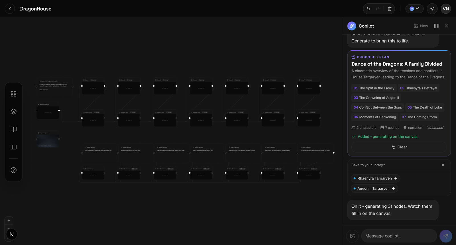 A FableML project: the copilot panel's proposed seven-scene plan beside a canvas of image, video, narration, and voiceover nodes